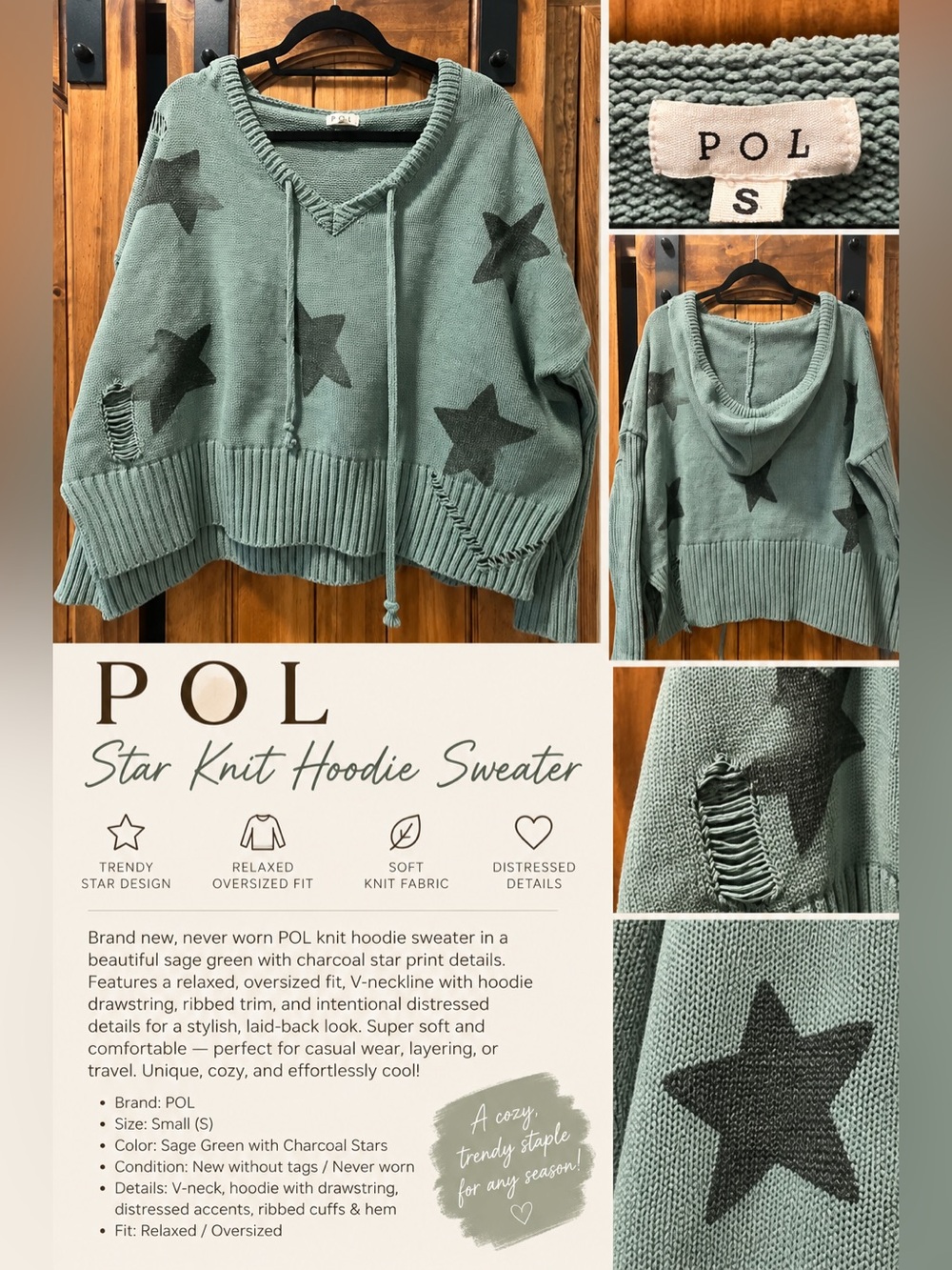 POL Sage Green Star Knit Hoodie Sweater - Small